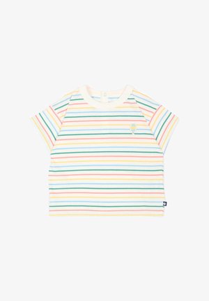 Maglietta bianca a maniche corte per bambino con righe orizzontali pastello in giallo, verde, blu e rosa, con una piccola toppa a forma di ghiacciolo sul petto.
