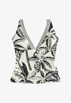 Juodos ir baltos spalvų tropinis raštas be rankovių viršutinė dalis su giliu V formos iškirpte ir raštuotu apvadu palei iškirptę ir petnešas.