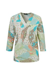 Multikleurige gebloemde blouse met een v-hals, driekwart mouwen, met tinten groen, blauw, bruin en koraal in een gestructureerde stof.