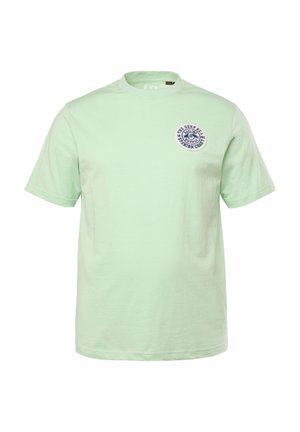Vaaleanvihreä puuvillainen t-paita, jossa pyöreä pääntie ja lyhyet hihat. Rinnassa on sininen pyöreä graafinen logo.