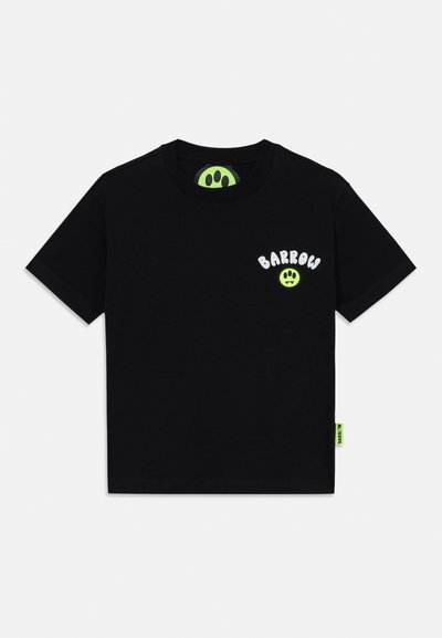 Black cotton t-shirt with short sleeves, featuring "BARROW" text in white and a green smiley face logo on the chest. Neck label is also green.