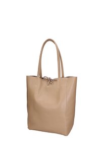 Borsa a spalla in pelle beige con una texture liscia, forma rettangolare alta, doppio manico e un accento a fiocco nella chiusura.
