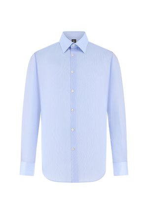 Lichtblauw overhemd voor heren met lange mouwen, puntkraag en zes witte knopen aan de voorkant op een witte achtergrond.