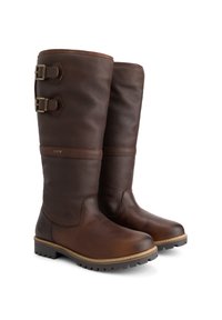 Paar hoge, donkerbruine leren laarzen met dubbele zijgespen, ronde neuzen en robuuste rubberen zolen, weergegeven op een witte achtergrond.