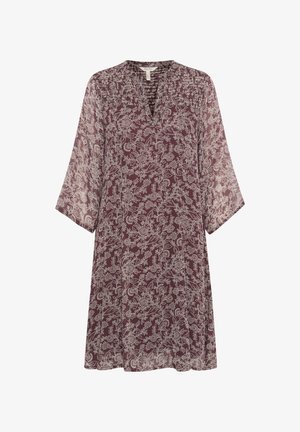 Burgundia lillelise kleit, mis on valmistatud läbipaistvast kangast, millel on kolmveerandvarrukad, V-kaelus ja lõtv A-line siluett.