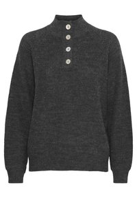 Dunkelgrauer gestrickter Pullover mit langen Ärmeln, hohem Kragen und vier weißen Knöpfen in der Mitte auf der Vorderseite.