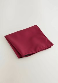 Burgundy pocket square, textured fabric with a small check pattern, neatly folded with visible edges and a smooth finish.