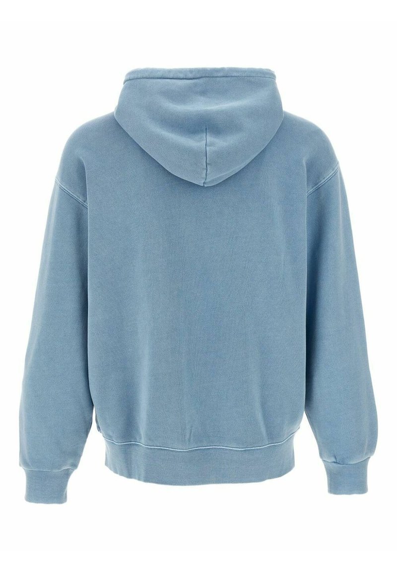 Sweat à capuche oversize bleu clair avec manches longues, poignets et ourlet côtelés, montré de dos sur un fond blanc.