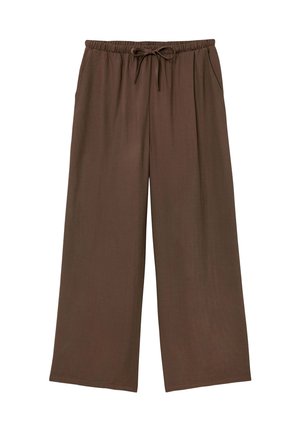 Pantalon marron à jambes larges avec taille élastique et cordon de serrage, doté de poches latérales et d'une coupe décontractée.