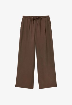 Pantalon marron à jambes larges avec taille élastique et cordon de serrage, doté de poches latérales et d'une coupe décontractée.