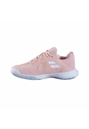 Light pink low-top athletic shoe with white sole, white logo stripes on side, and lace-up design.