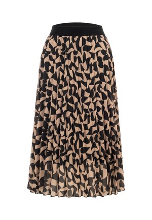 Plisseret midi-nederdel med beige bund og abstrakt sort mønster, med en ensfarvet sort elastisk talje.