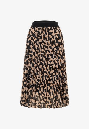 Plisseret midi-nederdel med beige bund og abstrakt sort mønster, med en ensfarvet sort elastisk talje.