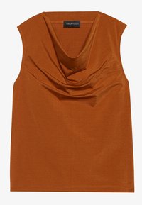 Ermeløs top i rust orange med draperet cowl-udskæring. Lavet af glat stof med en subtil glans og pænt afsluttede kanter.