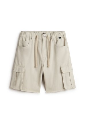 Shorts cargo beige realizzati in tessuto resistente, con vita elasticizzata e cordino, due tasche laterali e due tasche con patta.