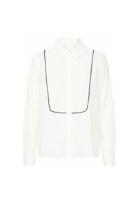 White button-up shirt with a pointed collar, featuring black decorative stitching around the chest area and long sleeves. Smooth texture.