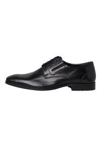 Chaussure habillée en cuir noir avec un bout effilé et élégant, dotée de lacets et d'une finition lisse. Comprend des coutures discrètes et un design de talon bas.
