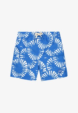 Mėlynos maudymosi šortai su balta spiralės raštu, elastinga juosta su smėlio spalvos raišteliu ir maža logotipo etikete apatinėje dešinėje pusėje.