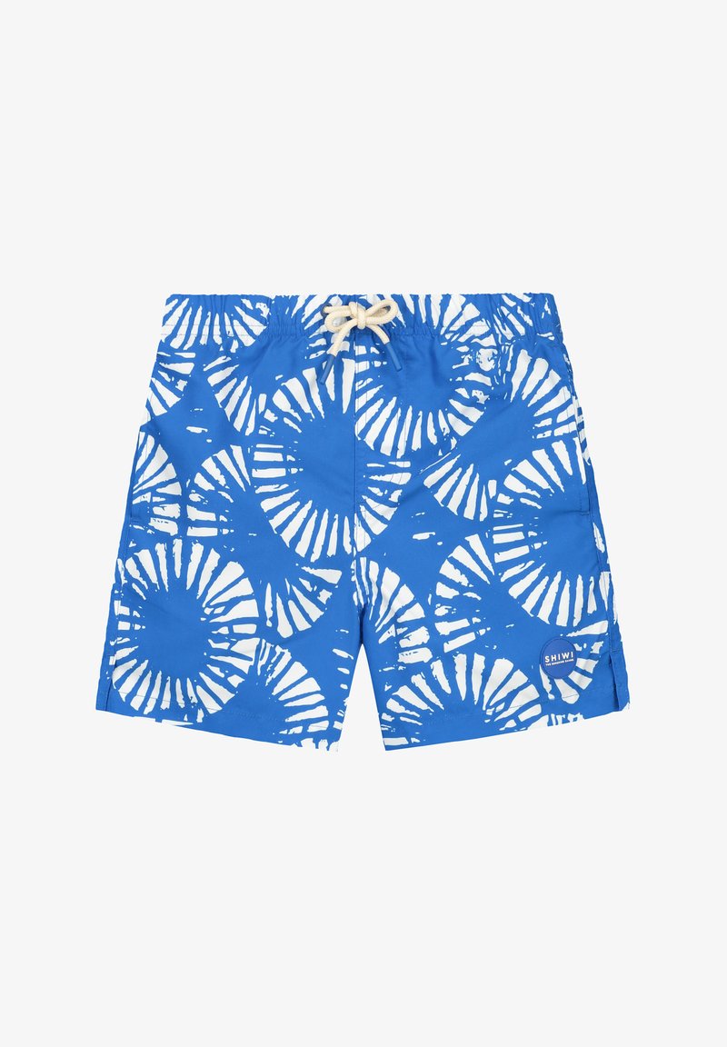 Mėlynos maudymosi šortai su balta spiralės raštu, elastinga juosta su smėlio spalvos raišteliu ir maža logotipo etikete apatinėje dešinėje pusėje.