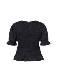 Sort smocket top med korte puffærmer, en peplumkant og en nøglehulldetalje bagpå. Tekstureret stof med samlede sømme over det hele.