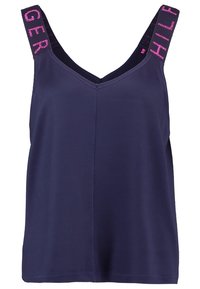 Navy blue tank top with a v-neck, wide straps featuring pink lettering. Made of smooth fabric with minimal stitching detail.