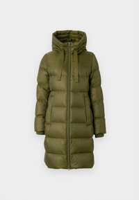 Abrigo puffer largo en verde oliva con capucha, que cuenta con cierre de cremallera, puños acanalados y un diseño acolchado con una gran cantidad de aislamiento.