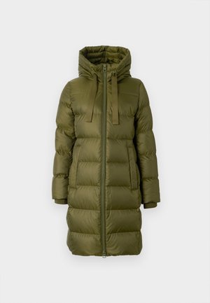 Olive green long puffer coat with a hood, featuring a zip closure, ribbed cuffs, and a quilted design with ample insulation.