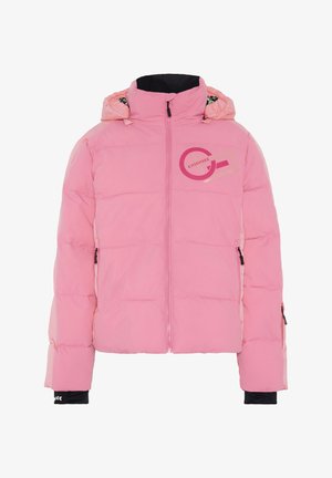 Rosa Steppjacke mit Reißverschluss vorne und Kapuze, mit einem Logo auf der linken Brust, elastischen Bündchen und einem gesteppten Design mit kontrastierenden Akzenten.