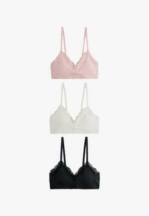 Three lace-trimmed bralettes with thin straps in pink, white, and black, arranged vertically on a plain white background.