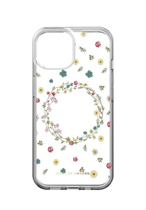 Custodia per telefono trasparente con piccolo motivo floreale colorato e corona di foglie verdi al centro, con il marchio "Ideal of Sweden" in basso.