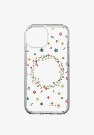 Transparante telefoonhoes met een klein kleurrijk bloemenpatroon en een groene bladerenkrans in het midden, onderaan het merk "Ideal of Sweden".