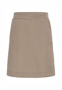 Falda recta beige hasta la rodilla con una cinturilla simple y sin patrones o adornos visibles.