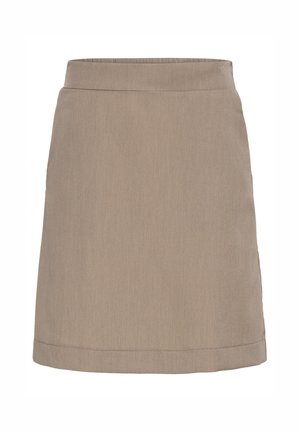 Beige, knielange rechte rok met een eenvoudige tailleband en zonder zichtbare patronen of versieringen.