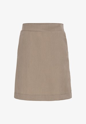 Jupe droite beige, longueur genoux, avec une ceinture simple et sans motifs ni embellissements visibles.