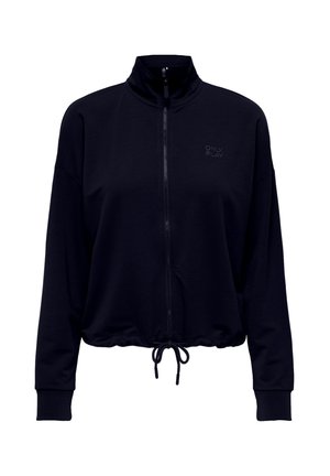 Chaqueta negra de manga larga con cremallera, cuello alto, dobladillo con cordón ajustable y pequeño logo "ONLY PLAY" en el pecho izquierdo.