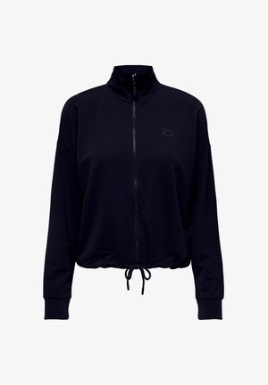 Chaqueta negra de manga larga con cremallera, cuello alto, dobladillo con cordón ajustable y pequeño logo "ONLY PLAY" en el pecho izquierdo.