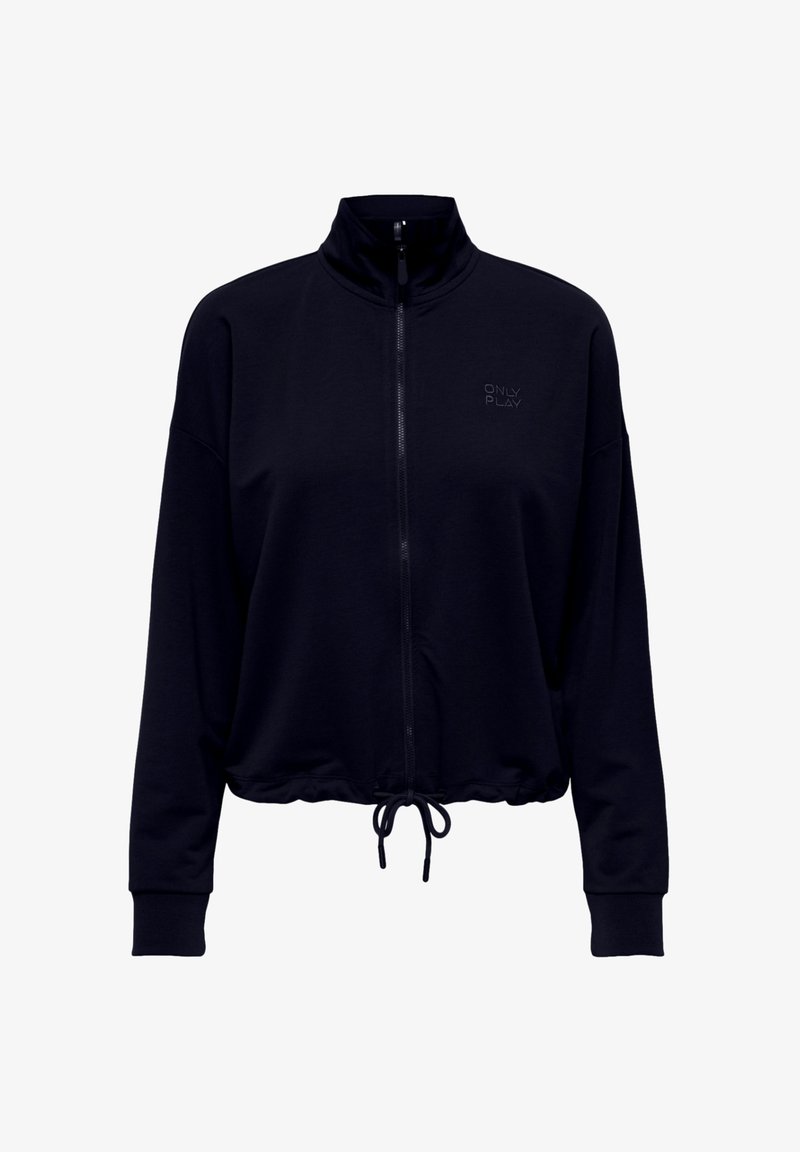 Chaqueta negra de manga larga con cremallera, cuello alto, dobladillo con cordón ajustable y pequeño logo "ONLY PLAY" en el pecho izquierdo.