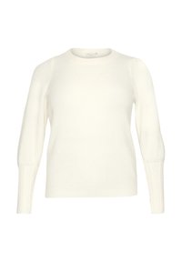 Crème-kleurige trui, ronde halslijn, lange mouwen met ribgebreide manchetten en een zachte, gestructureerde stof. Eenvoudig, ongecompliceerd ontwerp.