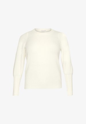 Cremefarbener Pullover, runder Halsausschnitt, lange Ärmel mit gerippten Bündchen und einem weichen, strukturierten Stoff. Einfaches, ungeschmücktes Design.