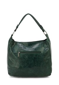 Groene leren hobo tas met een gestructureerde afwerking, lange schouderriem en een voorder zipper pocket voor opslag.