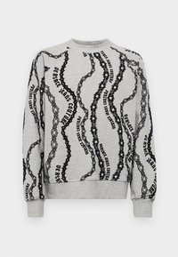Felpa grigia con un motivo a catena nera, con il testo "Versace Jeans Couture" integrato nel design. Polsi e orlo a coste.