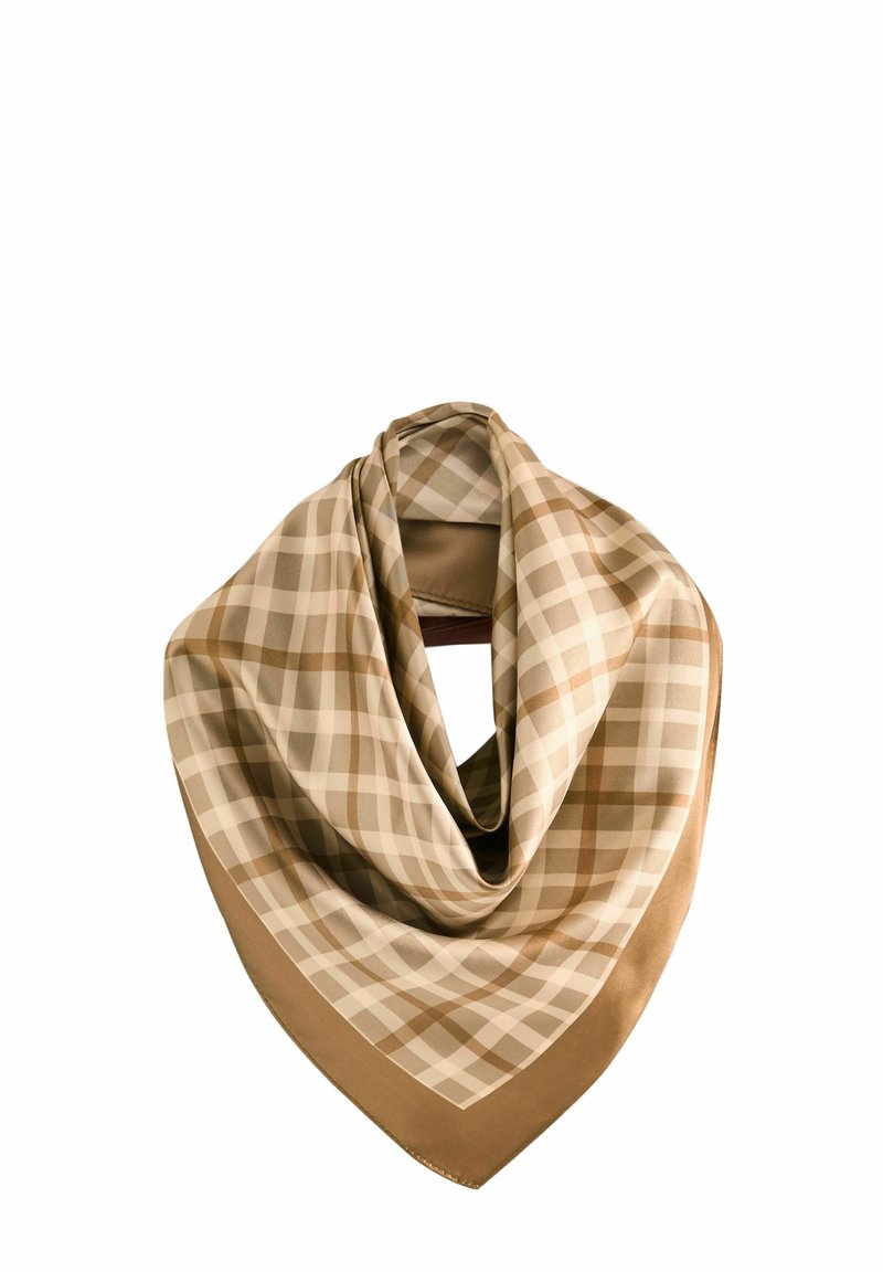 Écharpe beige avec un motif à damier dans différentes nuances de brun. Elle a une texture lisse et un design triangulaire avec une bordure solide.