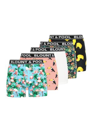 Vijf paar herenboxers met kleurrijke patronen, waaronder flamingo's, toekans, tropische bloemen, rubber eendjes en een effen wit paar.