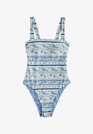 One-piece swimsuit with wide straps, featuring blue, white, and green floral and geometric horizontal stripes pattern.