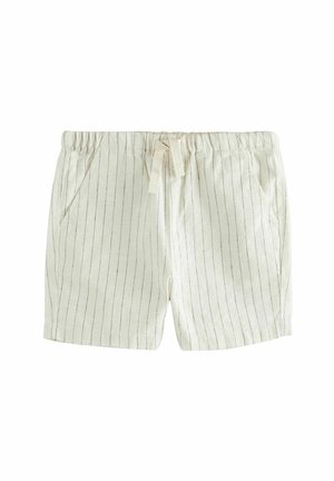 Pantalones cortos de color beige claro con rayas verticales en azul marino, hechos de una tela suave. Cuentan con una cintura elástica con cordón y bolsillos laterales.