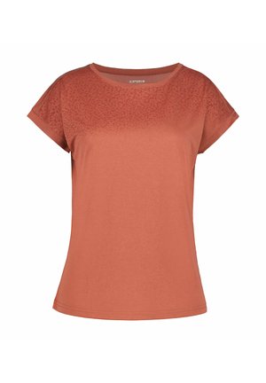 Roestoranje dames top met korte mouwen, ronde halslijn en subtiel bloemenpatroon over de bovenborst en mouwen.