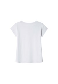 Weißes T-Shirt mit kurzen Ärmeln und Rundhalsausschnitt, aus weicher Baumwolle gefertigt, mit einem lockeren Schnitt und minimalistischem Design. Keine sichtbaren Muster.