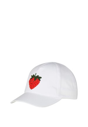 Weiße Baseballkappe mit gestickter lachender roter Erdbeere und grünen Blättern auf der Vorderseite.