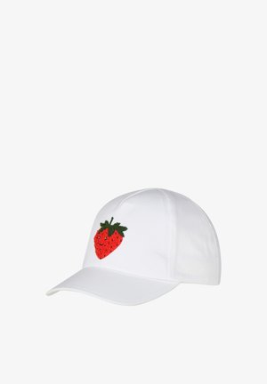 White baseball cap with embroidered smiling red strawberry and green leaves on front panel.