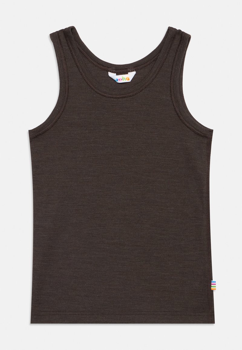 Débardeur marron foncé sans manches avec un col arrondi et une petite étiquette en tissu rayé multicolore sur la couture latérale près du bas.